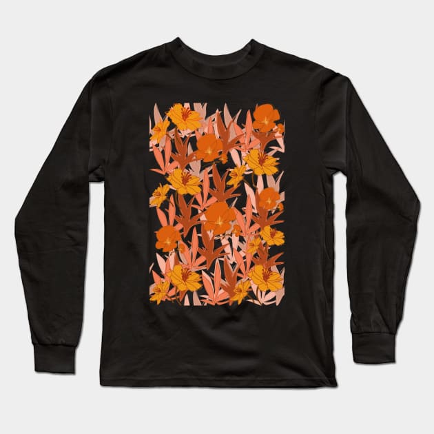 Orange flower pattern Long Sleeve T-Shirt by PedaDesign